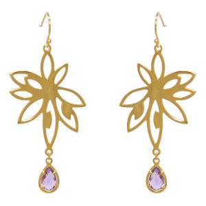 Bromelia Flower Earrings - Purple Amethyst - Yellow Gold