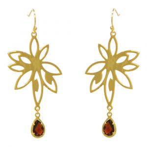 Bromelia Flower Earrings - Red Garnet - Yellow Gold