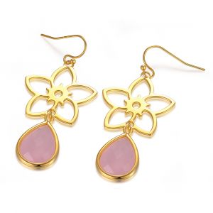 Frangipani Flower Earrings - Rose Quartz - Yellow Gold