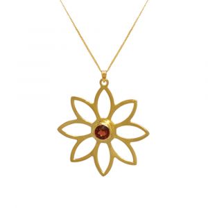 Namaqua Daisy Flower Necklace - Red Garnet - Yellow Gold