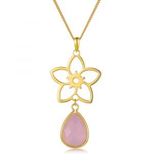 Frangipani Flower Necklace - Rose Quartz - Yellow Gold