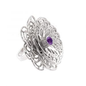 Dahlia Flower Ring - Purple Amethyst - Sterling Silver