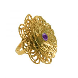 Dahlia Flower Ring - Purple Amethyst - Yellow Gold