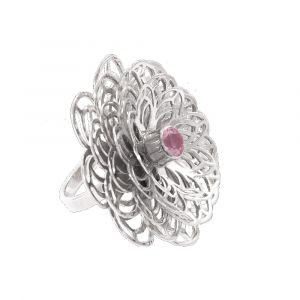 Dahlia Flower Ring - Rose Quartz - Sterling Silver