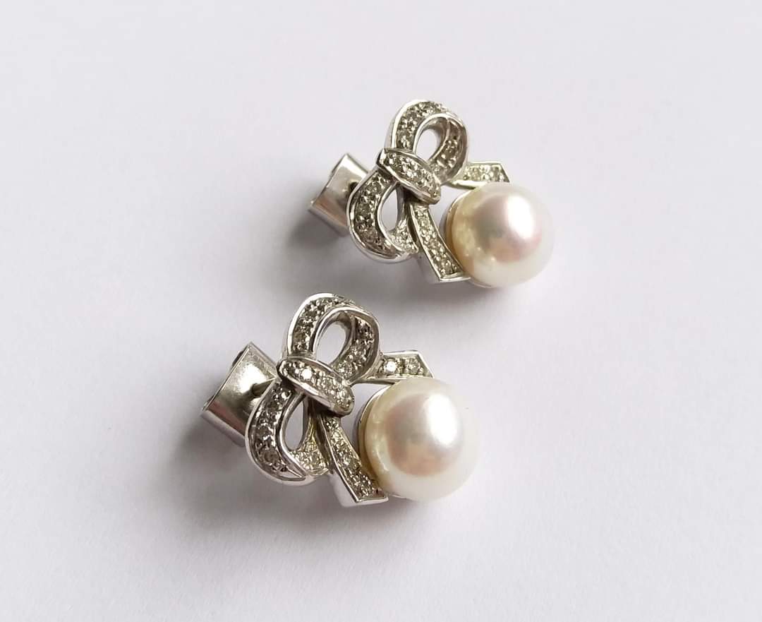 9ct White Gold, Diamond and Pearl Bow Earrings
